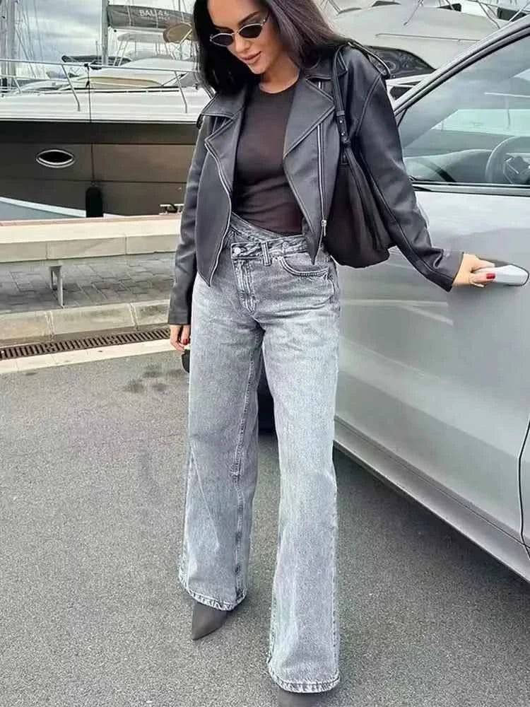HH Women Trendy Cross Waist Wide Leg Jeans Asymmetrical Button Fly High Waist Baggy Denim Pants For Streetwear Y2K Outfits