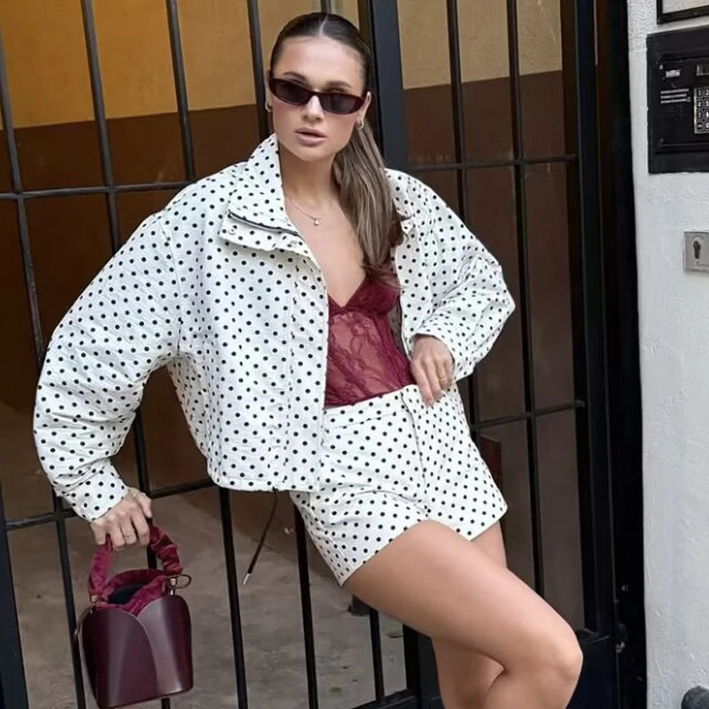 Damen Oversized Polka Dot Bomber Jacke Crop Zip-Up