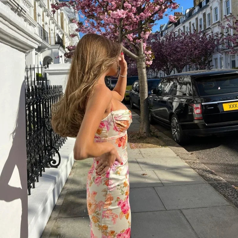 Damen Blumen Spaghetti-Träger Mini-Kleid mit Schlitz