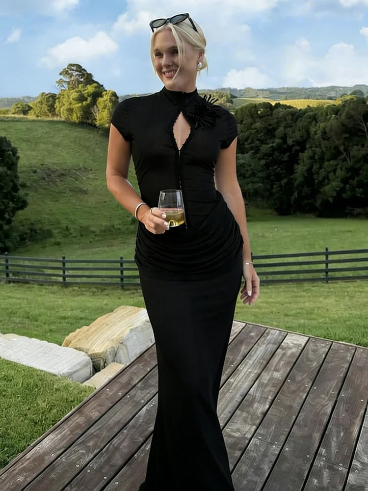 Damen See-Through Maxi Kleid Kurzarm Gerafft Elegant