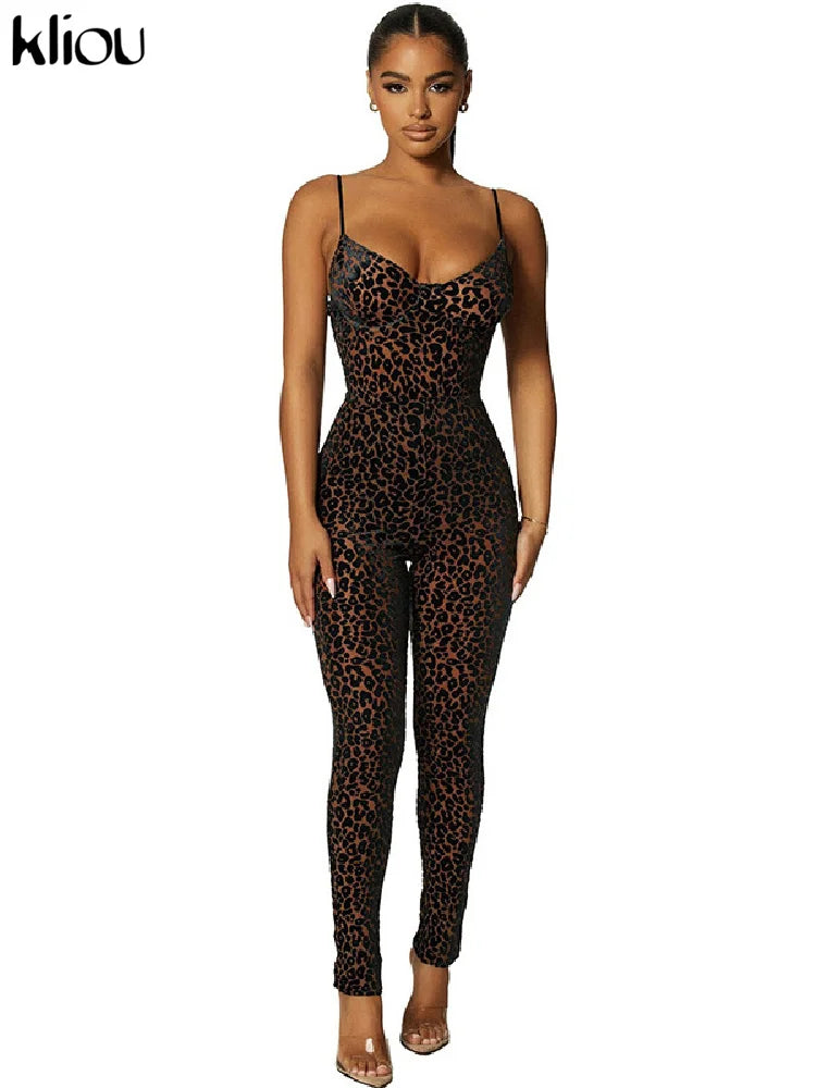 Damen Samt Mesh Jumpsuit Leopard Patchwork Bodycon Club