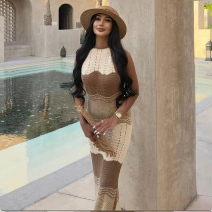 Halter-Strandkleid Damen Einfarbig – Rückenfrei Strick Figurbetonend Sommer
