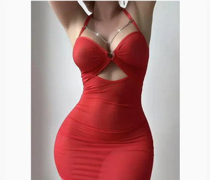 Women Lingerie Set Mesh Nightgown with Chain & Thong
