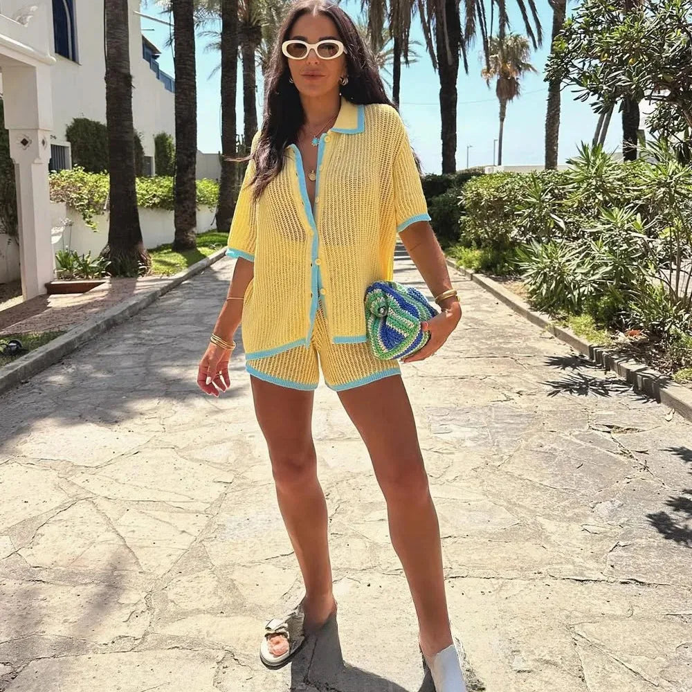 Häkel-Strick-Set Damen – Hollow-Out Cardigan & Shorts Sommer Urlaub