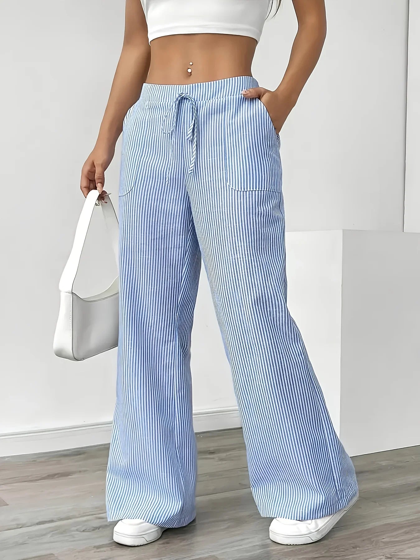 Gestreifte Casualhose Damen Blau – Taschen Sportlich Entspannt Alltag