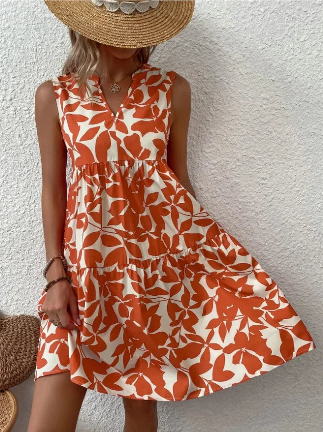 Damen Boho-Kleid mit Print, ärmellos, V-Ausschnitt