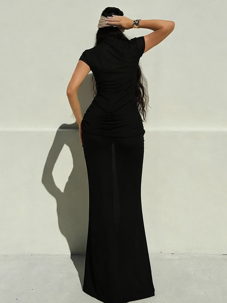 Damen See-Through Maxi Kleid Kurzarm Gerafft Elegant