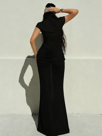 Damen See-Through Maxi Kleid Kurzarm Gerafft Elegant
