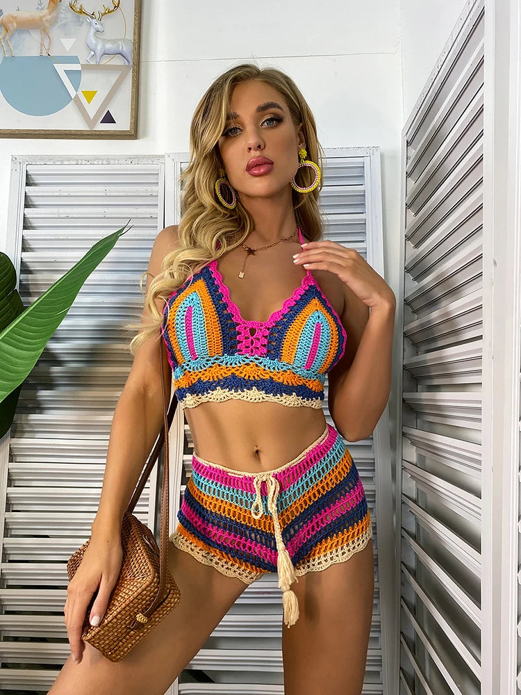 Gehäkeltes Bikini-Set Damen – Off-Shoulder Regenbogen-Streifen Bademode Strand