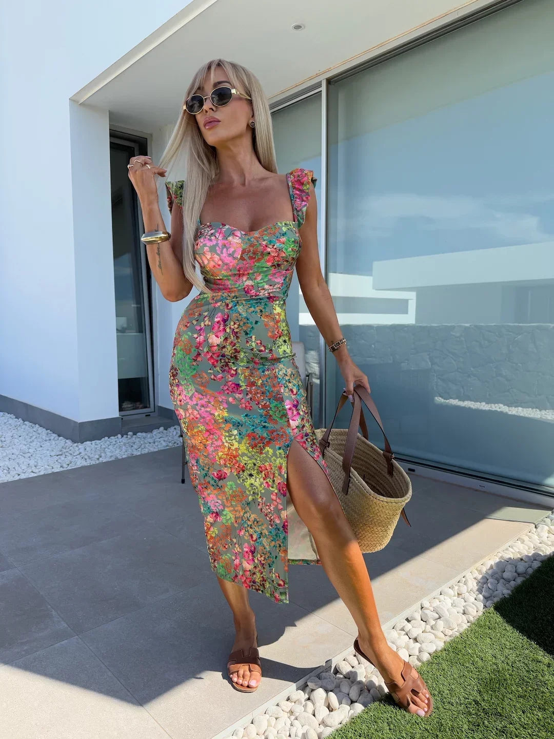 Blumen-Rüschen-Midikleid Damen – Eckiger Ausschnitt Seitenschlitz Boho Sommer