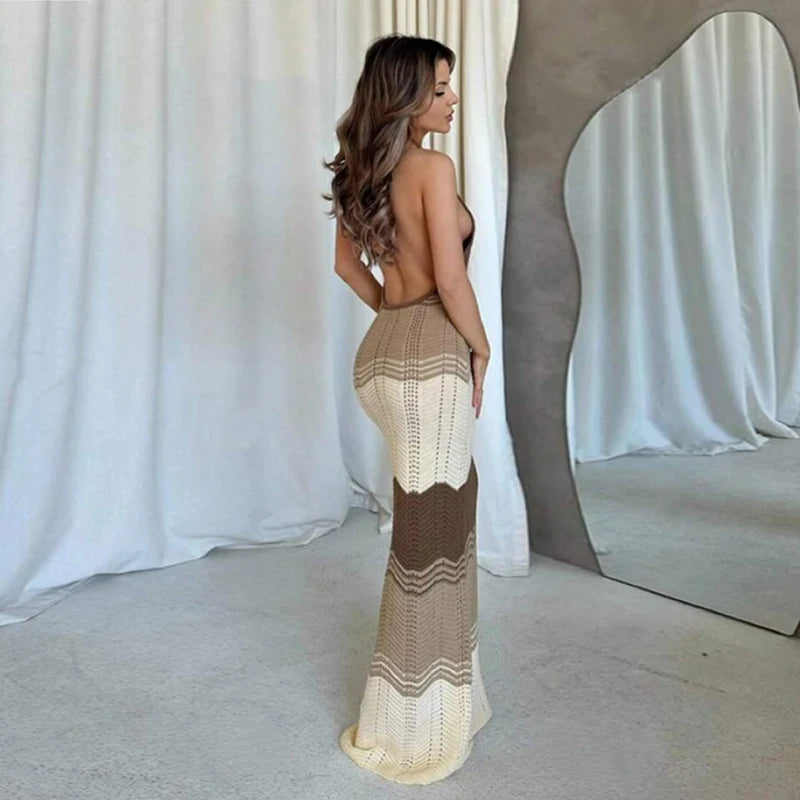 Gestricktes Strandkleid Damen Einfarbig – Halter Rückenfrei Bodycon Sommer