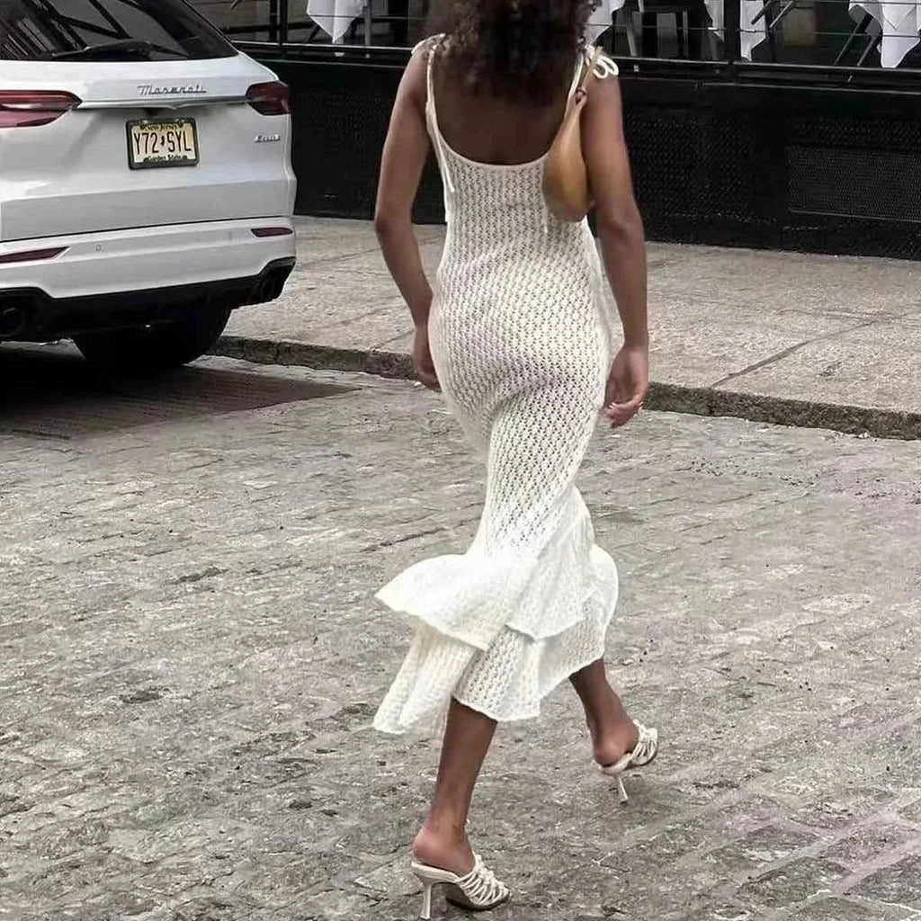 Fashion Style Pool Party Knit Bikini Cover Up Solid Color Double Flounces Slip Dress Sexy Hollow out Beachwear Tie Up Cover-ups