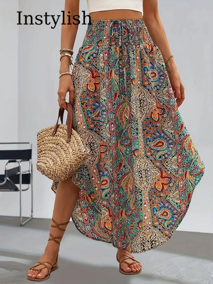Damen Boho Maxi Rock mit Print Hoher Bund Strandrock
