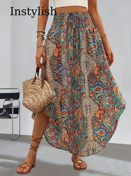 Damen Boho Maxi Rock mit Print Hoher Bund Strandrock