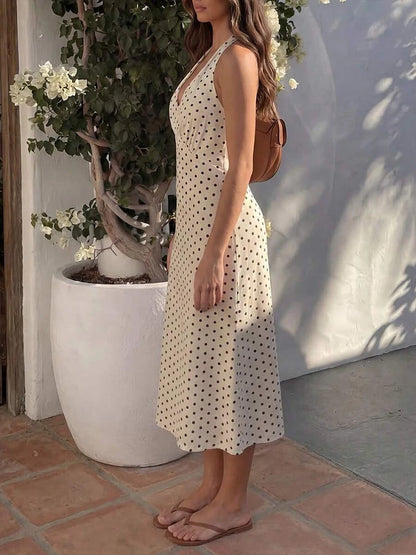 Damen Polka Dot Neckholder Maxi Kleid Rückenfreie Schnürung