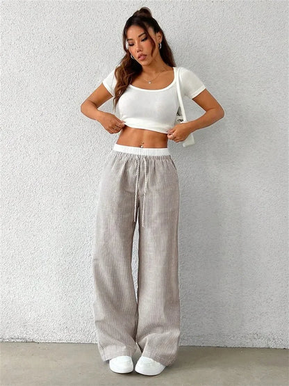 Gestreifte Wide-Leg Hose Damen – Y2K Casual Streetwear Herbst/Winter