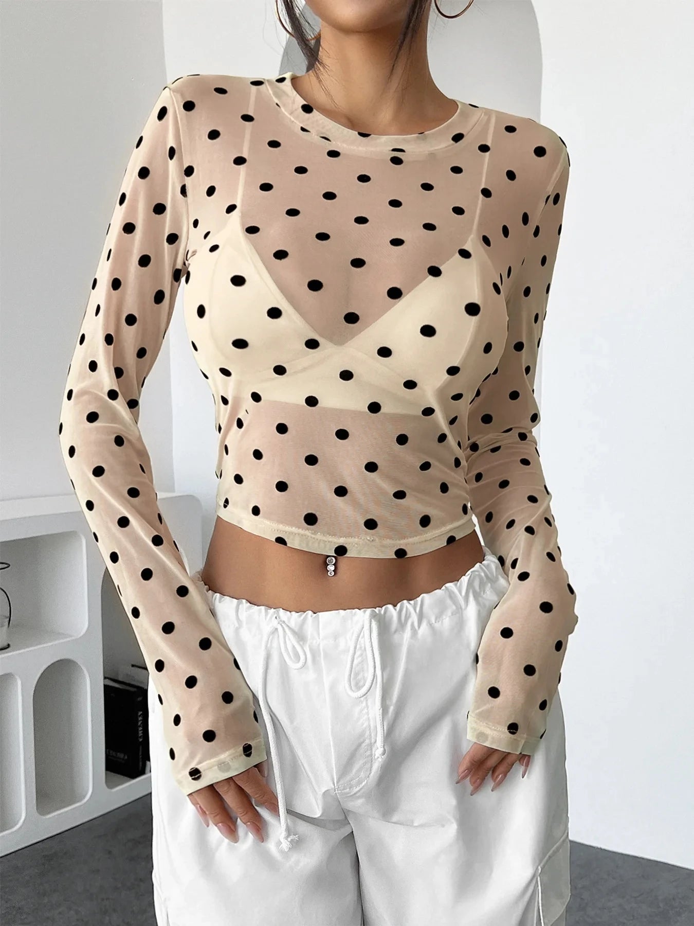 Polka-Dot-Mesh-Top Damen – Y2K Langarm Transparent See-Through Clubwear