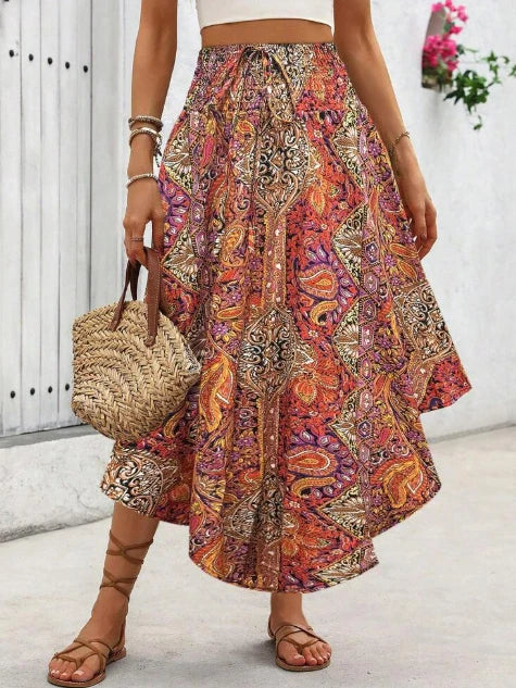 Damen Boho Maxi Rock mit Print Hoher Bund Strandrock