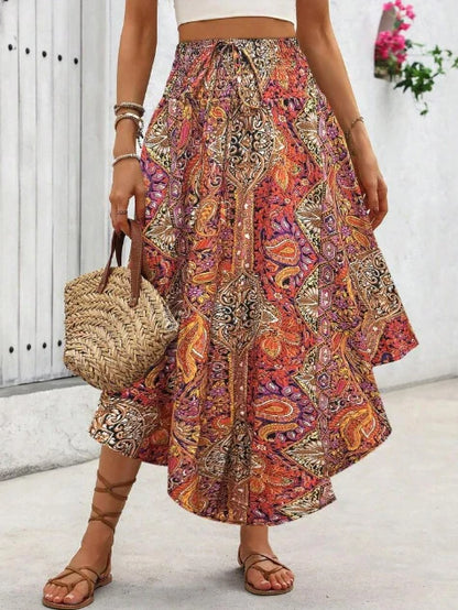 Damen Boho Maxi Rock mit Print Hoher Bund Strandrock