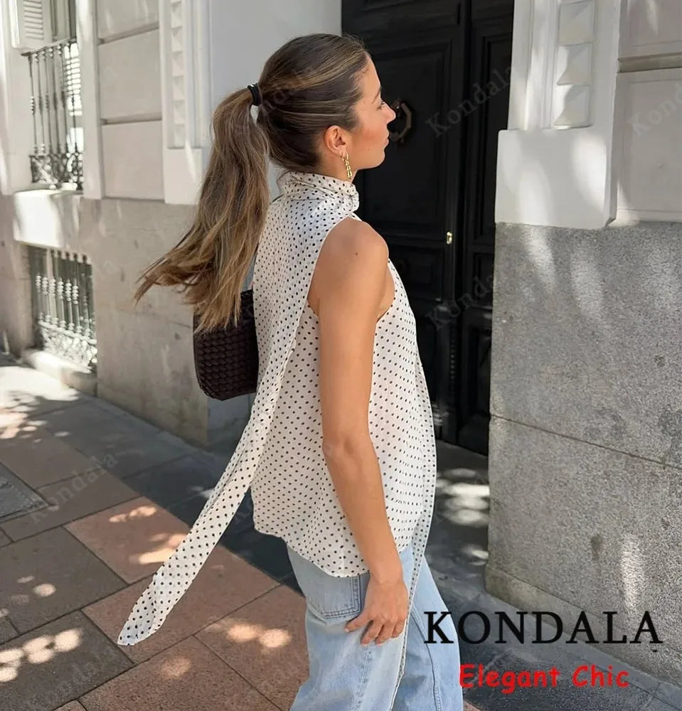 Elegantes Halter-Top mit Polka-Dot-Muster – Rücken-Schnürung Sommerbluse