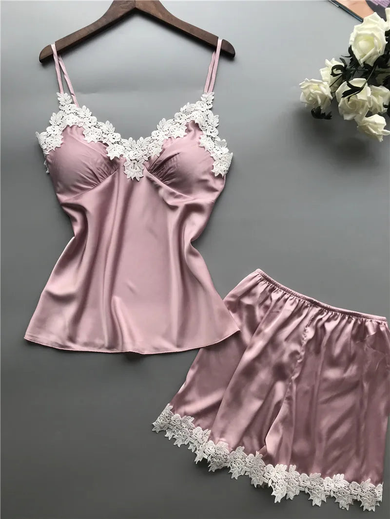 Damen Spitzen Träger Top & Shorts Homewear Set V-Ausschnitt