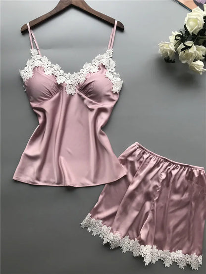 Damen Spitzen Träger Top & Shorts Homewear Set V-Ausschnitt