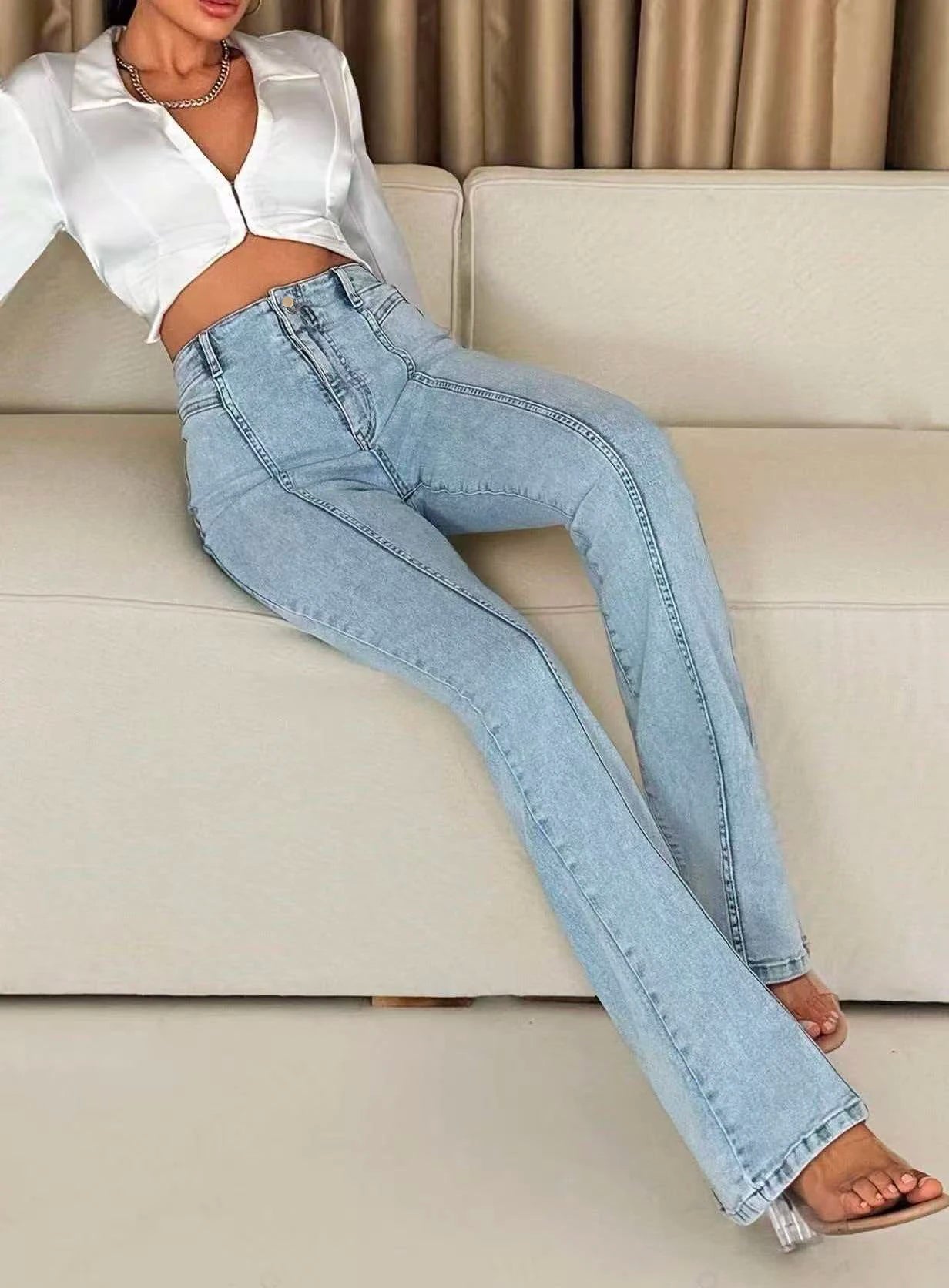 High-Waist-Schlagjeans Damen Hellblau – Vintage Flared Leg Casual Denim