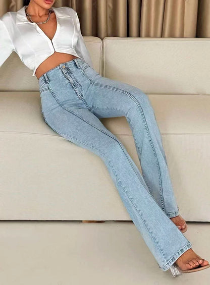 High-Waist-Schlagjeans Damen Hellblau – Vintage Flared Leg Casual Denim