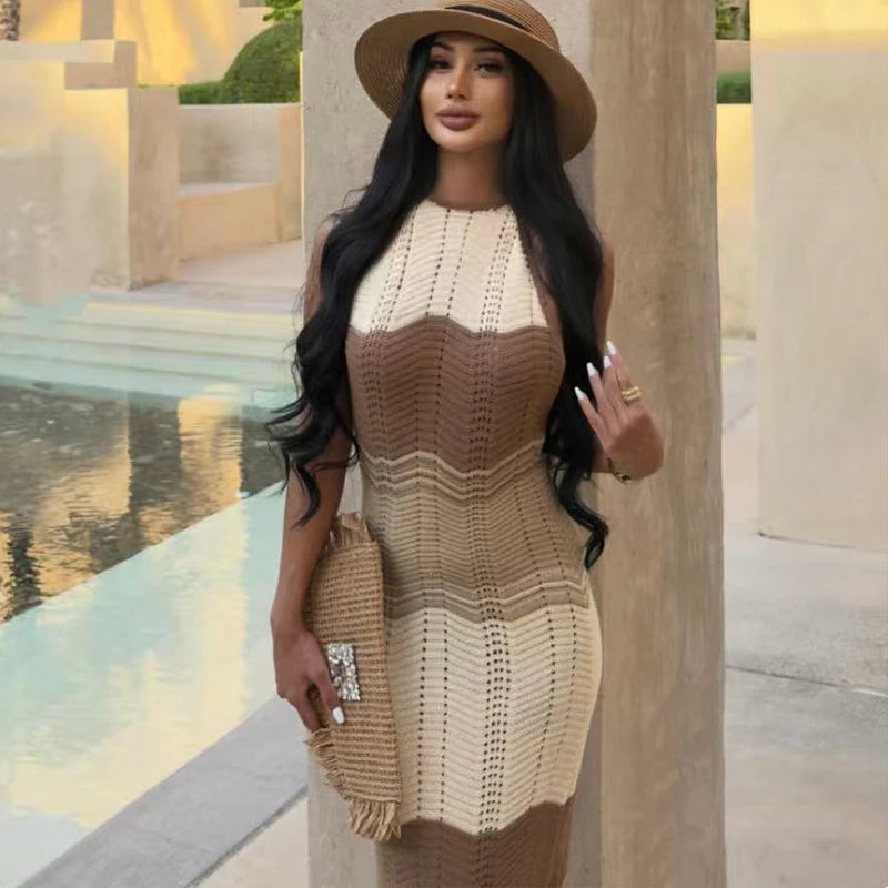 Halter-Strandkleid Damen Einfarbig – Rückenfrei Strick Figurbetonend Sommer