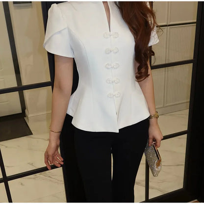 China-Style Kurzarm-Blazer Damen – Stehkragen mit Froschknöpfen