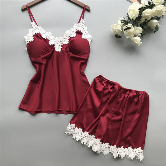 Damen Spitzen Träger Top & Shorts Homewear Set V-Ausschnitt