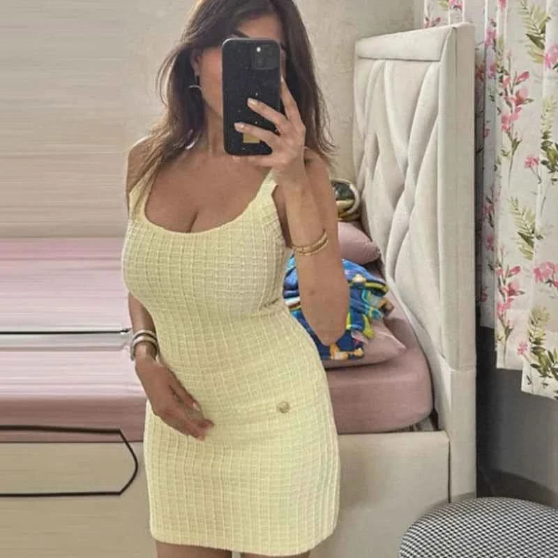 HXAO Slip Yellow Mini Dress Women Sleeveless Knitted Dresses 2025 Woman Summer Bodycon Short Dress Backless Sexy Elegant Dresses