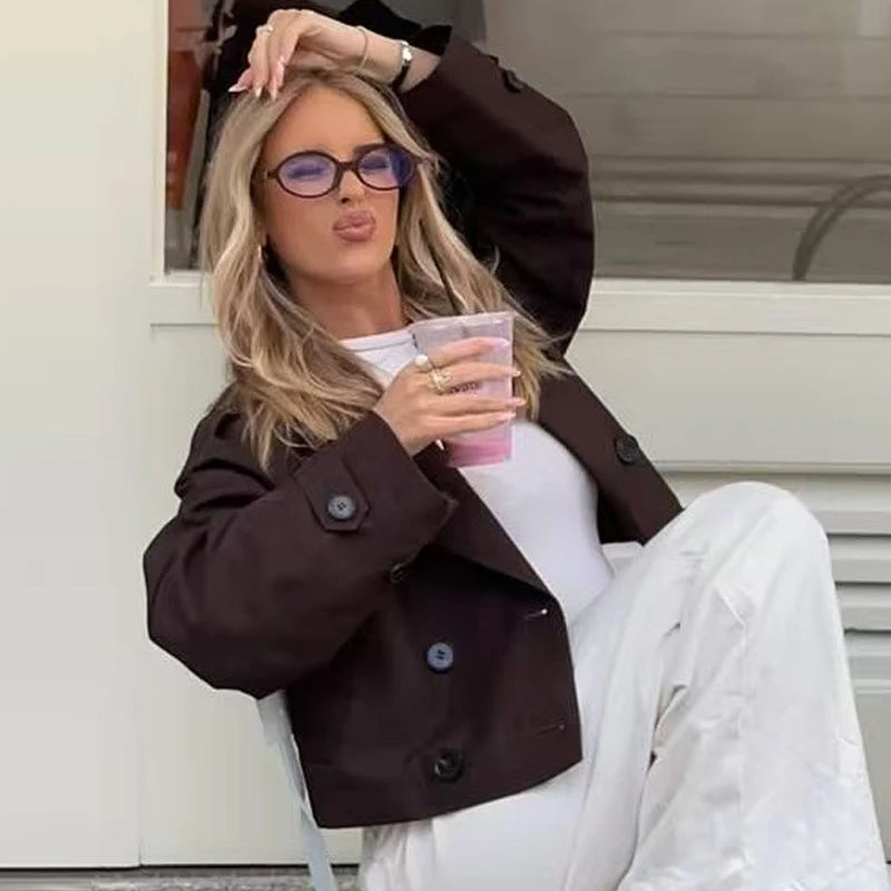 Damen Oversized Trenchcoat Zweireihig Cropped Herbst