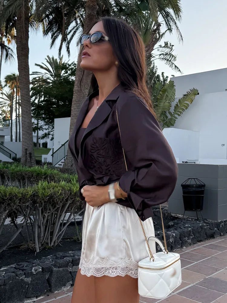 Bestickte Transparente Bluse mit Reverskragen - JWANOFFIZIELL