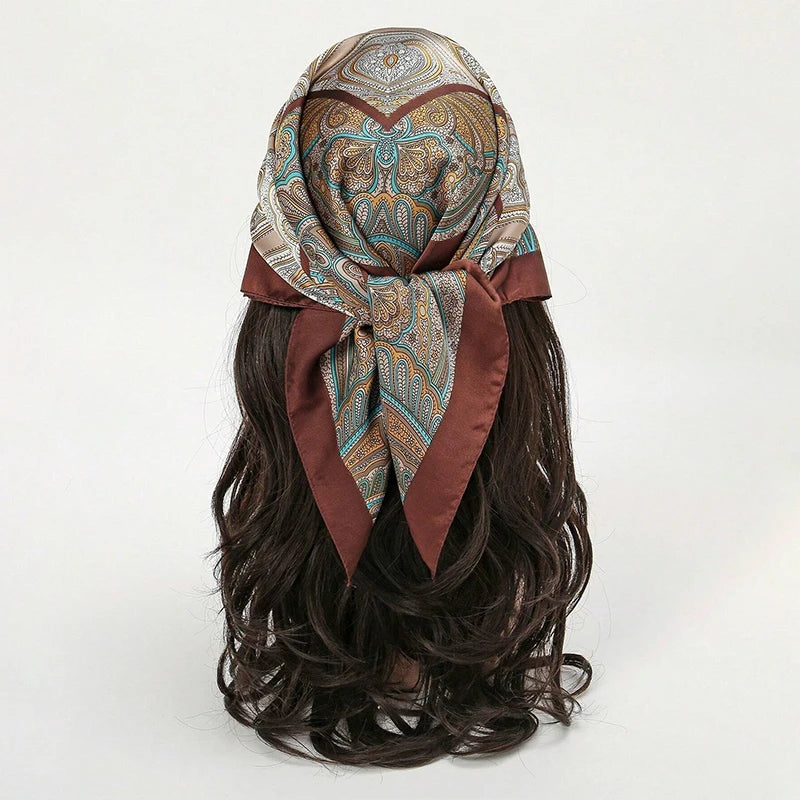 Boho Satin Seidentuch Damen – Quadratisches Kopftuch mit Blumen & Tropenmuster