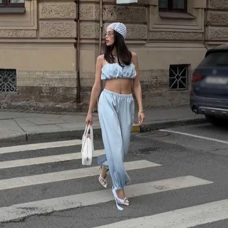Satin-Zweiteiler Damen – Plissiertes Crop-Top & Weite Hose Elegant Party
