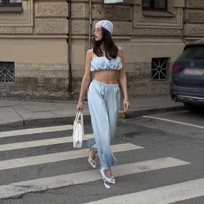Satin-Zweiteiler Damen – Plissiertes Crop-Top & Weite Hose Elegant Party
