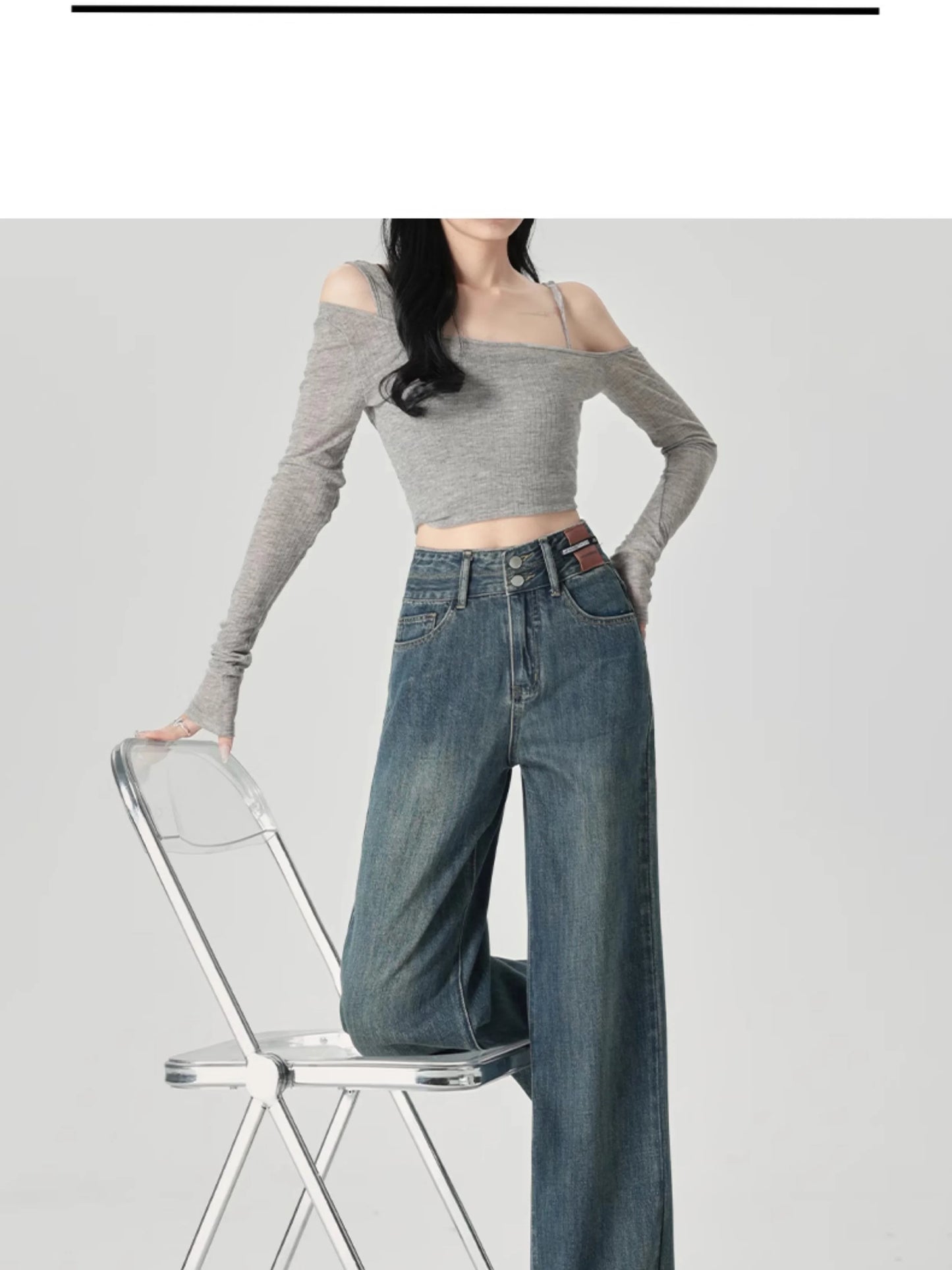 Wide-Leg-Jeans Damen – High-Waist Straight Leg Casual Kontrastfarben