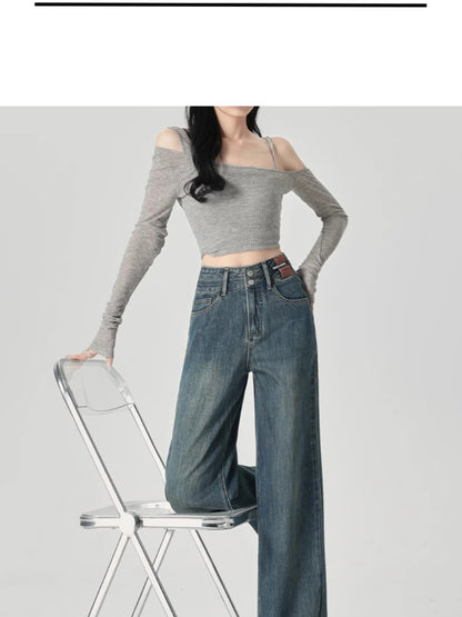 Wide-Leg-Jeans Damen – High-Waist Straight Leg Casual Kontrastfarben