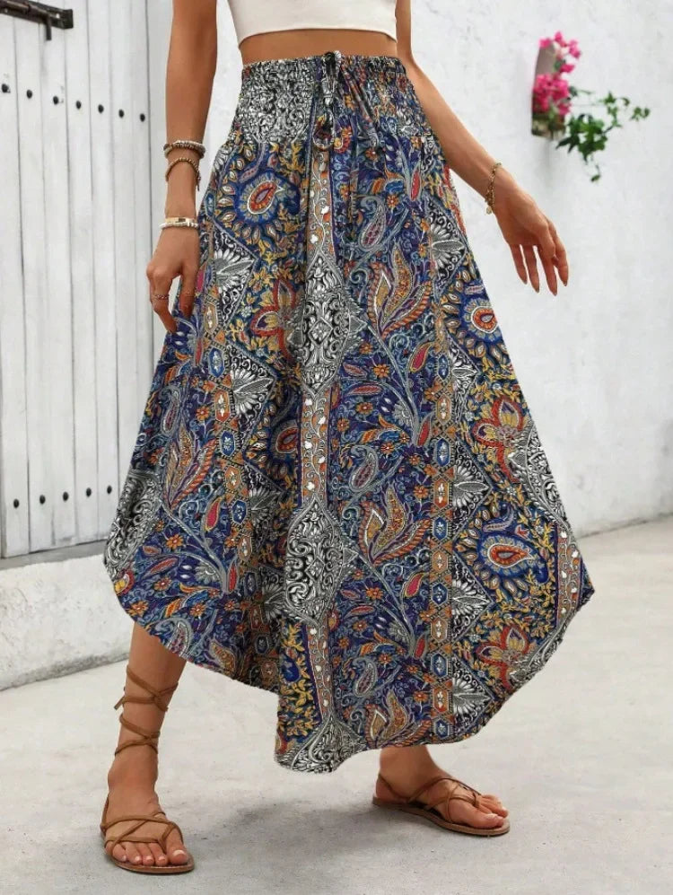 Damen Boho Maxi Rock mit Print Hoher Bund Strandrock