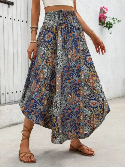 Damen Boho Maxi Rock mit Print Hoher Bund Strandrock
