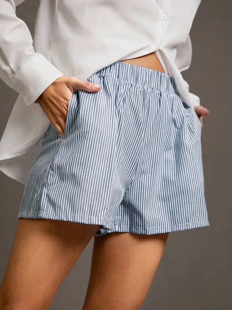 Gestreifte Loose-Shorts Damen – Elastischer Bund mit Taschen & Seitenschlitz