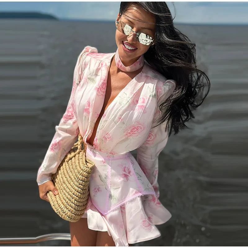Rosen-Print Satin-Playsuit mit Rüschen - JWANOFFIZIELL