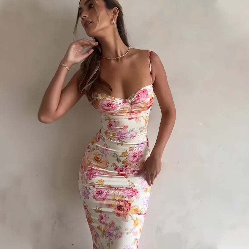 Damen Blumen Spaghetti-Träger Mini-Kleid mit Schlitz