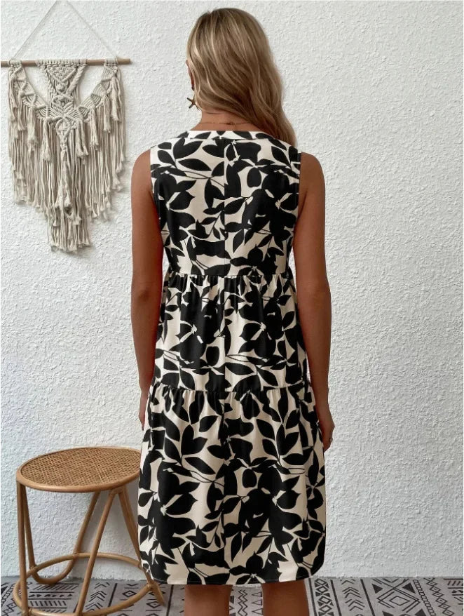 Damen Boho-Kleid mit Print, ärmellos, V-Ausschnitt