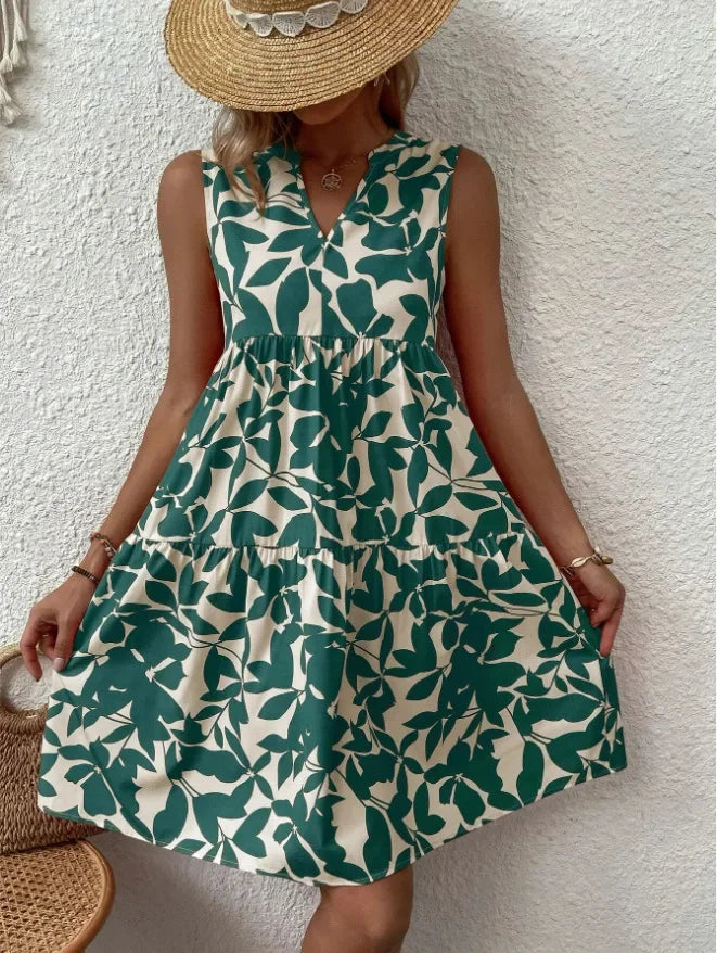 Damen Boho-Kleid mit Print, ärmellos, V-Ausschnitt