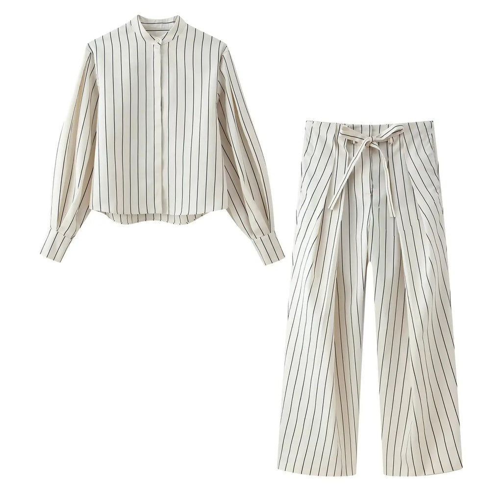 Beige Streifen-Set Puffärmel-Hemd & Hose - JWANOFFIZIELL