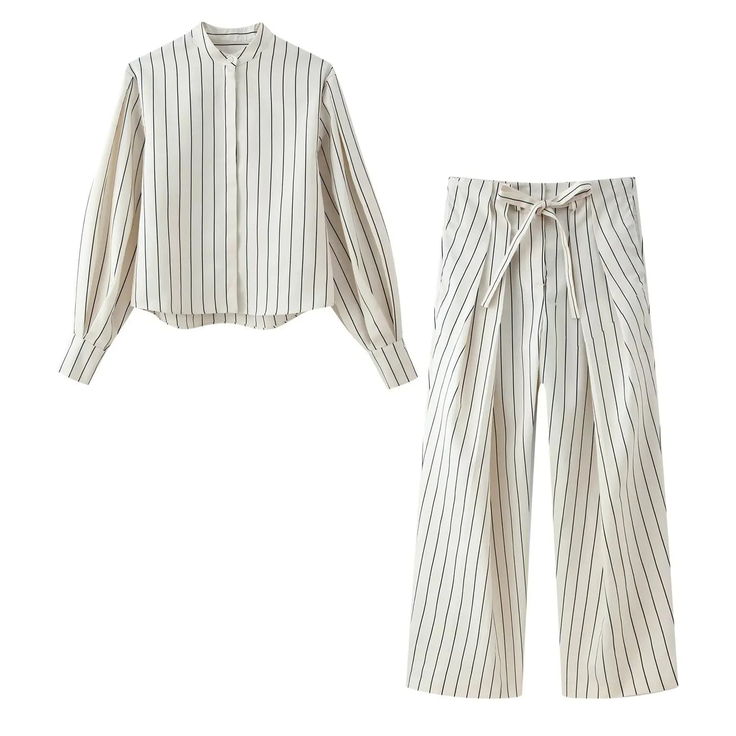 Beige Streifen-Set Puffärmel-Hemd & Hose - JWANOFFIZIELL