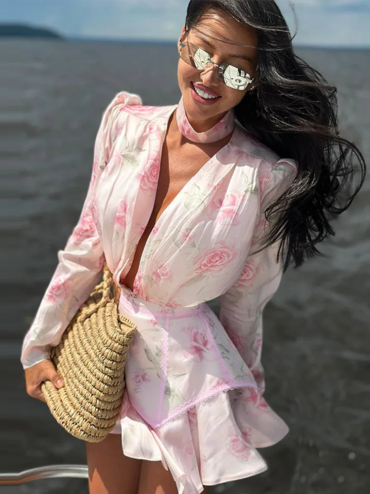 Rosen-Print Satin-Playsuit mit Rüschen - JWANOFFIZIELL