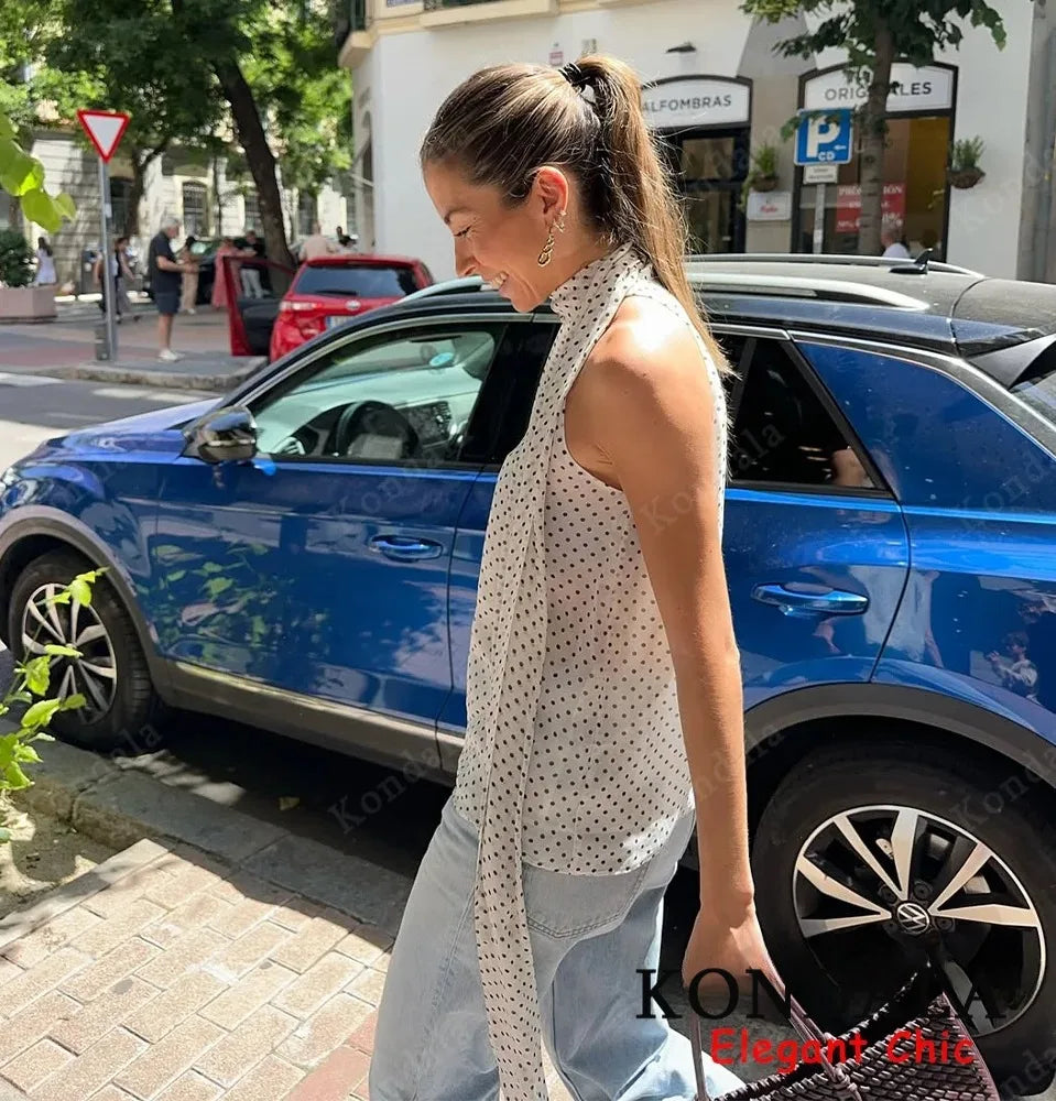 Elegantes Halter-Top mit Polka-Dot-Muster – Rücken-Schnürung Sommerbluse